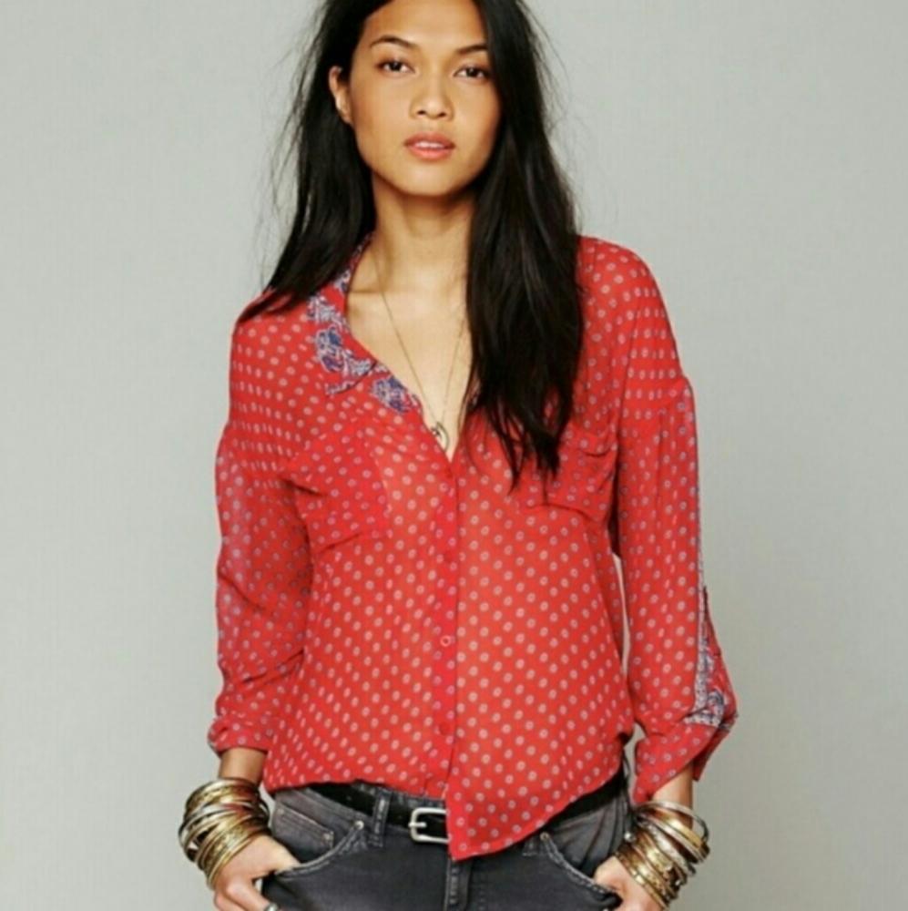 Free People Boho Paisley Print Red Blouse, Size S